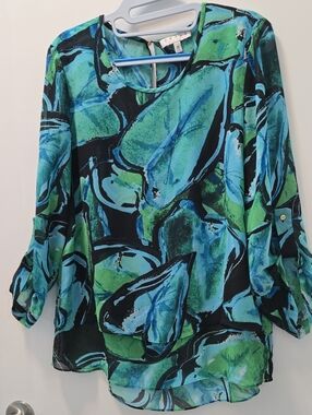 Chaus Teal, Blue & Green Abstract Roll-Tab Tunic